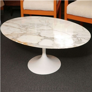 Modern Oval Tulip Calacatta Gold Marble Dining Table