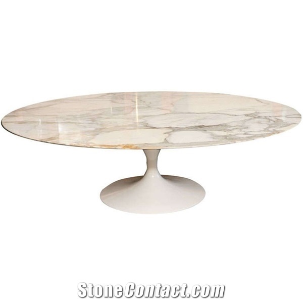 Modern Oval Tulip Calacatta Gold Marble Dining Table