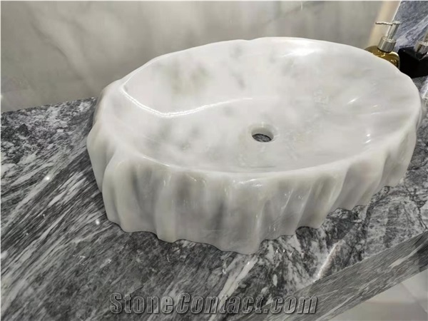 White Marble Natural Stone Basin Bathroom Sink Bowls