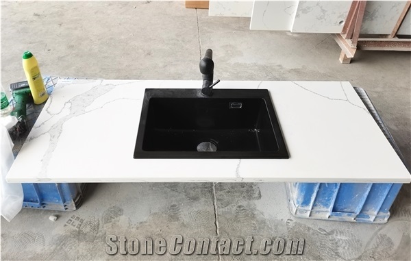 Polish White Artificial Quartz Kitchen Countertop with Sink