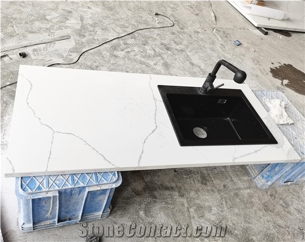 Polish White Artificial Quartz Kitchen Countertop with Sink