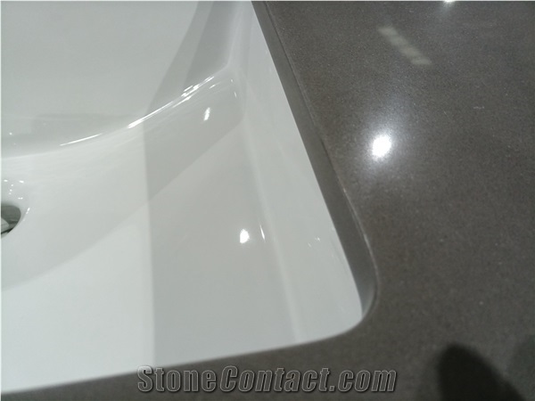 Grey Man Made Quartz Stone Prefab Vanity Top Install Ceramic Sinks