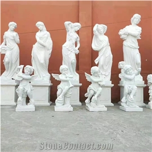 White Marble Carved Kids, Lady Angel Sculpture Home Statues