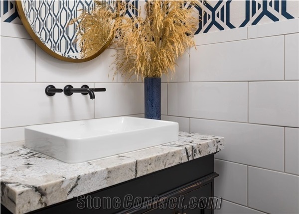 Granite Mitered Edge on Bath Vanity with Vessel Sink