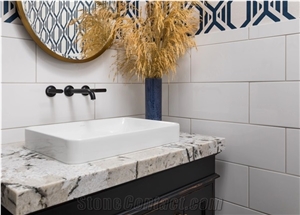 Granite Mitered Edge on Bath Vanity with Vessel Sink