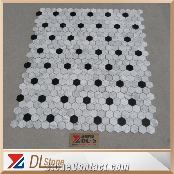 Carrara White Nero Marquina Round Dots Basketweave Mosaic