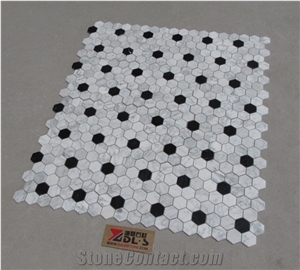 Carrara White Nero Marquina Round Dots Basketweave Mosaic