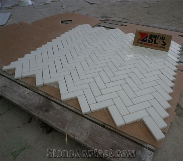 Premium Greece Thassos White Marble Herringbone Mosaic Tile