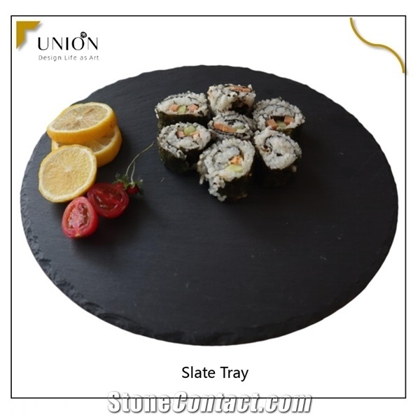 Practical Round Black Slate Cheese Tray Natural Stone Food
