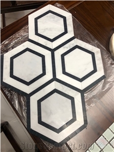 Carrara White Marble W/Black Edge Hexagon Mosaic Tile