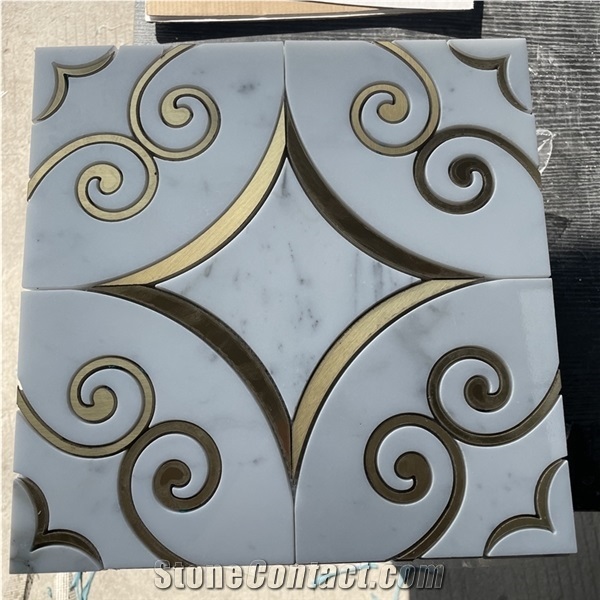 Carrara White Marble/Metal Edges Square Mosaic Tile