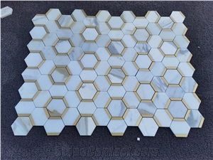 Carrrara White Marble W/Metal Edges Hexagonal Mosaic Tile