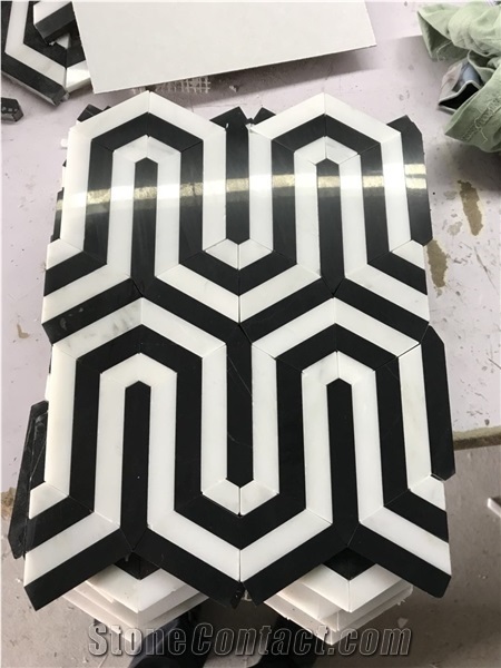 Thassos White Marble with Black Berlinetta Water Jet Mosaic