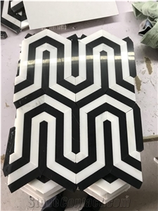 Thassos White Marble with Black Berlinetta Water Jet Mosaic