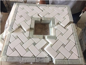 Thassos White Marble W/Ming Greeen Edge Basketweave Mosaic