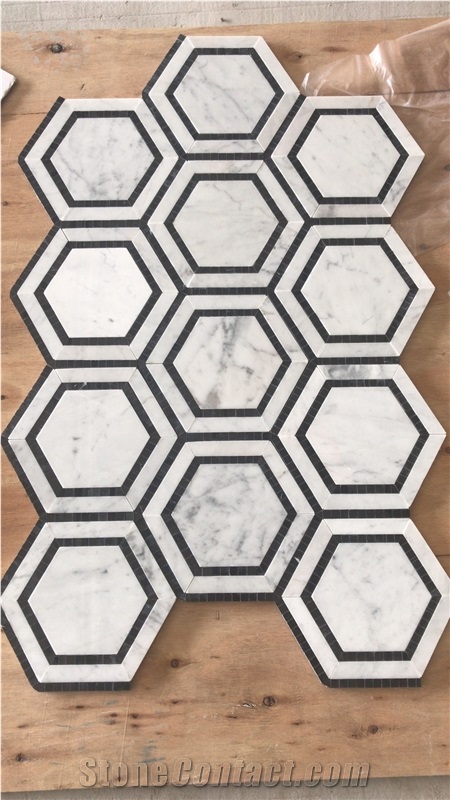 Carrara White Marble W/Black Edge Hexagon Mosaic Tile