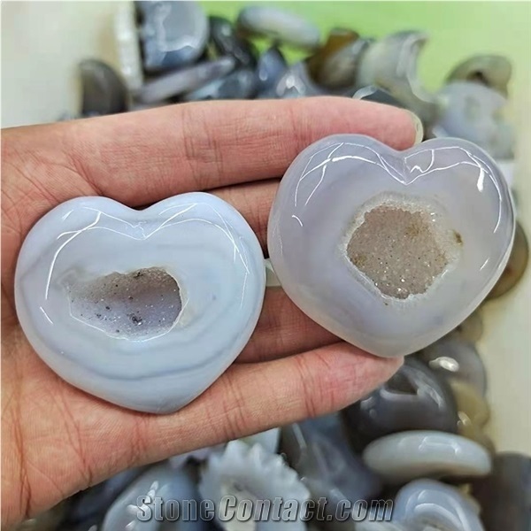 Agate Crystal Geode Heart Folk Crafts Carved Gemstone Energy Precious Stone, Stone Jewelry