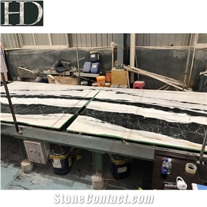 Bookmatch Panda White Marble Slabs, Polished Black Veins