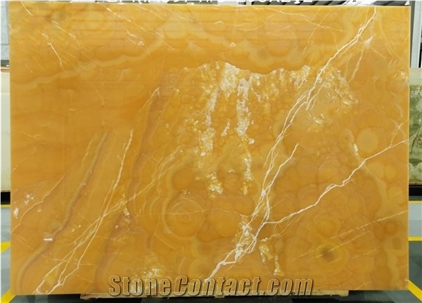 Dark Yellow Honey Onyx Stone Polished Slab with White Veins