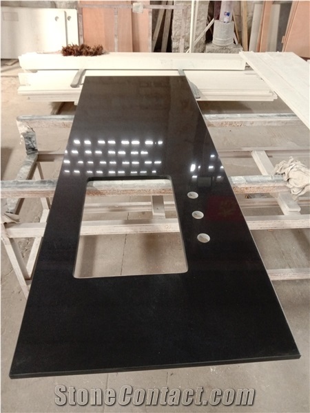 Polished Black Quartz Engineered Stone Kitchen Countertops