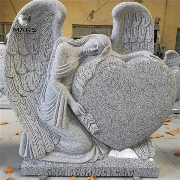 Grey White Heart Tombstone with Sitting Angel Wings