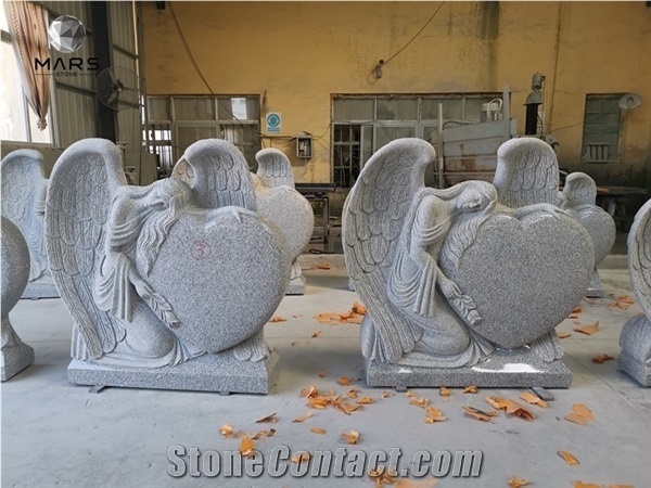 Grey White Heart Tombstone with Sitting Angel Wings