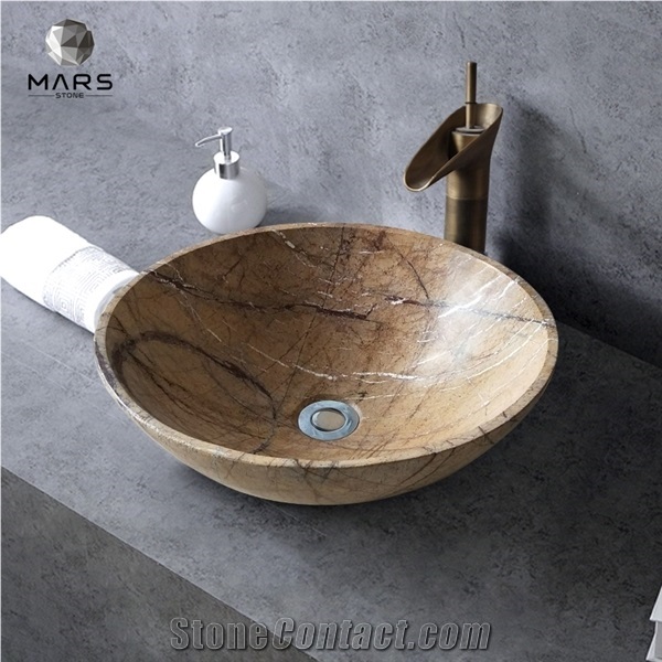Wash Bowl and Round Light Emperador Brown Marble Sink