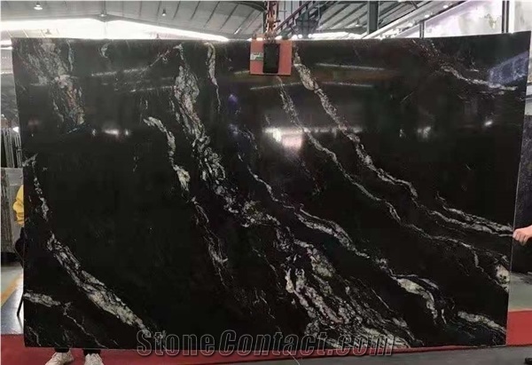 Brazil Snow Matrix Motion Black Granite Slab