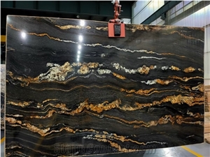 Luxury Polished Brazil Fusion Golden Black Granite Slab