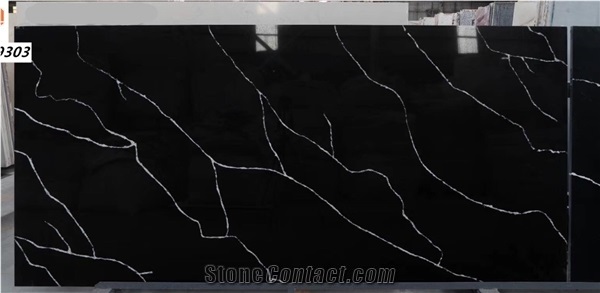 Black Color Natural Marble Look Quartz Slab for Tabletop