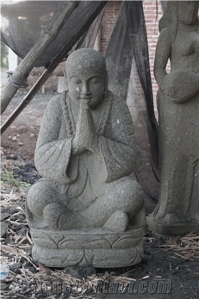 The Green Stone Greeting Monk Sculpture