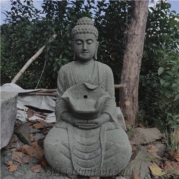 The Sitting Buddha with Flower Carved Green Sandstone