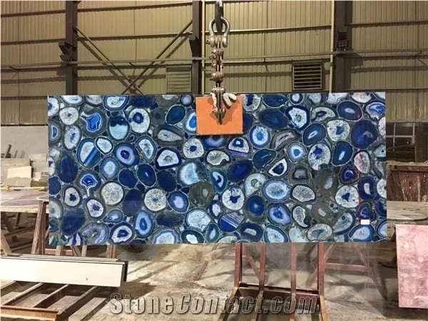 Backlit Semiprecious Stone Blue Agate Panel Slab for Project
