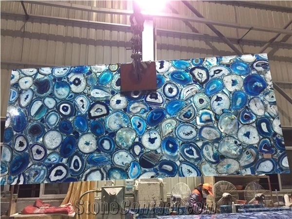 Backlit Semiprecious Stone Blue Agate Panel Slab for Project