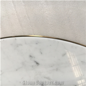 Statuario White Carrara Round Table Top Brass Band Edges