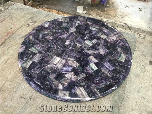 Stone Table Top Design Round Green Amethyst Cafe Table Tops