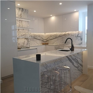 Quartz Kitchen Countertop, Statuario Marble Wall
