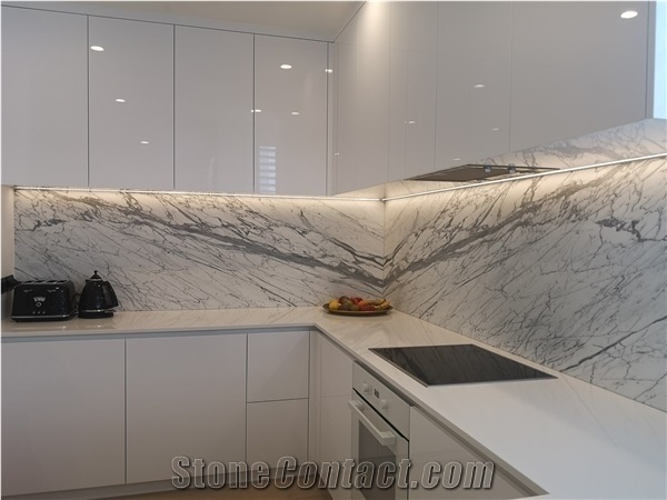 Quartz Kitchen Countertop, Statuario Marble Wall