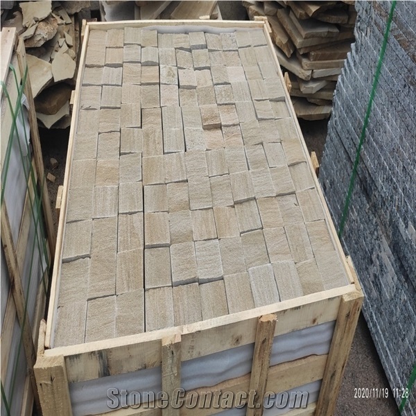 China Yellow Sandstone Cobble Tile Slab Flooring Paver Wall