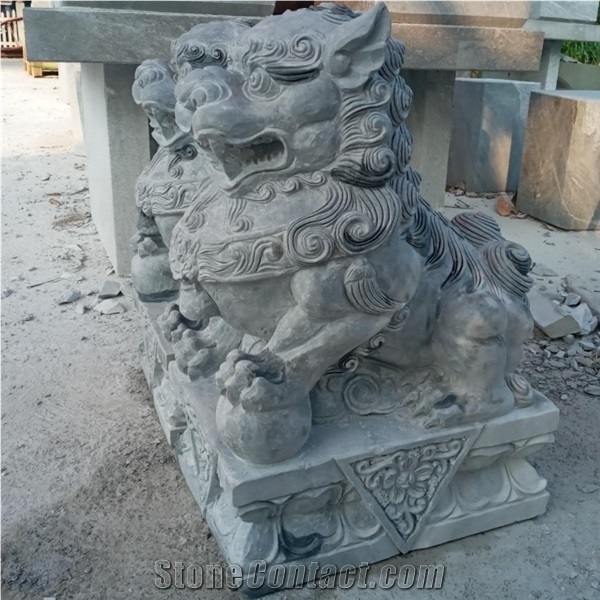 Foo Dogs Statue Fengshui Grey Sandstone