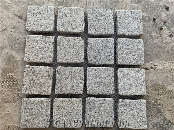 G603 Cobblestone on Mesh,Light Grey Granite Cube Stone,Paver