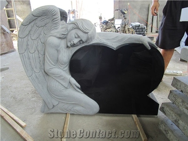 Weeping Angel Stone Statue,Double Heart Headstone,Black