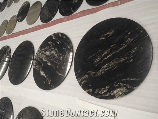 Silver Wooden Vein Dargon Black Marble Round Table Tops