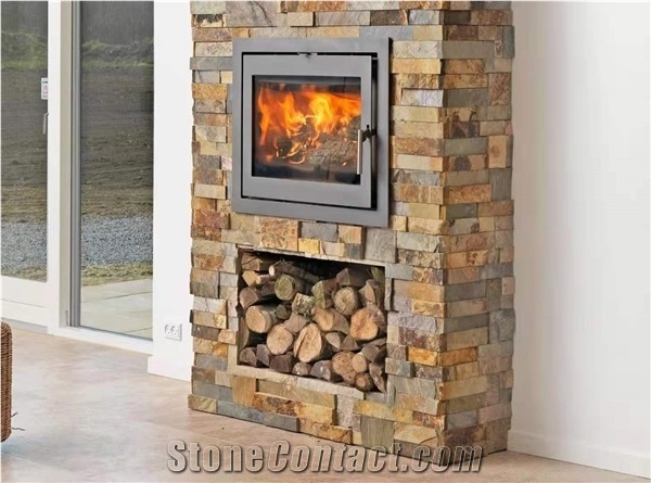 Chinese Rusty Slate Split Cultural Stone Fireplace