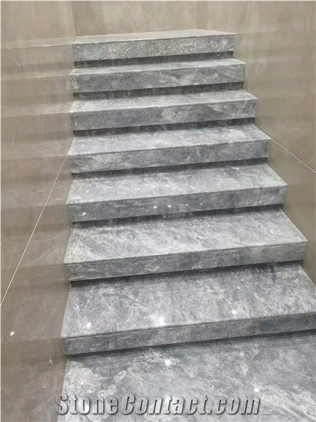 Turkey Blue Snow Grey Marble Polished Stair Treads