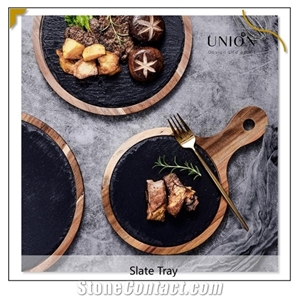 Bamboo Steak Slate Round Flat Plate Hotel Cutlery Plate