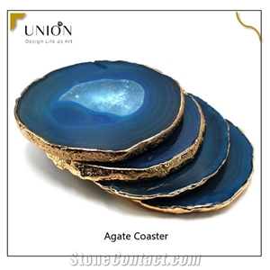 Blue Agate Semiprecious Slice Drink Thin Coasters Plated