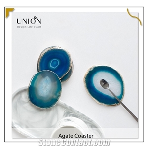 Blue Agate Semiprecious Slice Drink Thin Coasters Plated