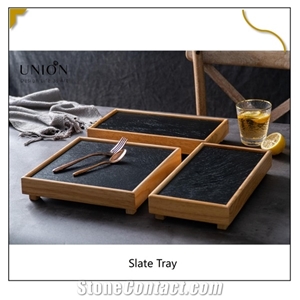 Bread Serving Tray Bamboo Slate Cheese Board with Handle