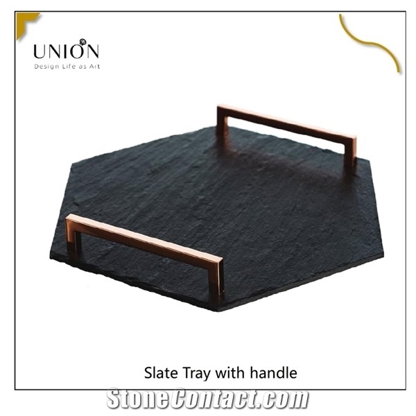 Hexagon Pattern Black Slate Trays with Gold Metal Handles